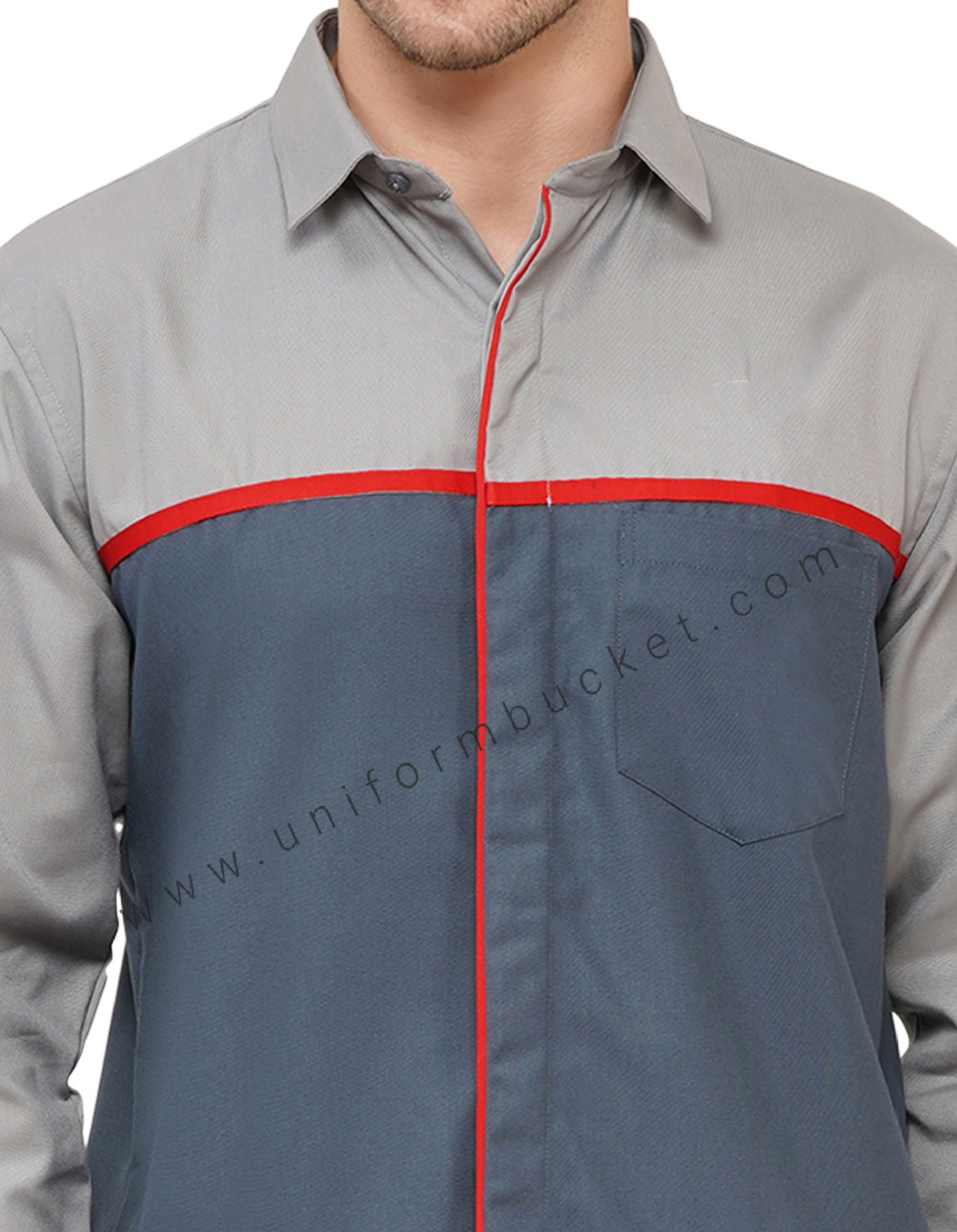 MALE WORKWEAR DARK GREY SHIRT WITH  LIGHT YOKE & RED PIPING  thumbnail 4
